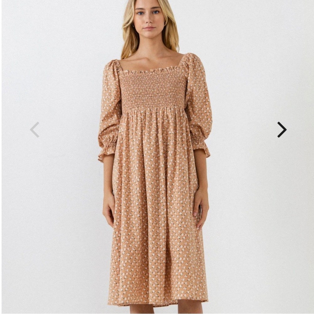 NWT English Factory Smocked Tan Floral Puff Sleeve Midi Dress Women's Size S